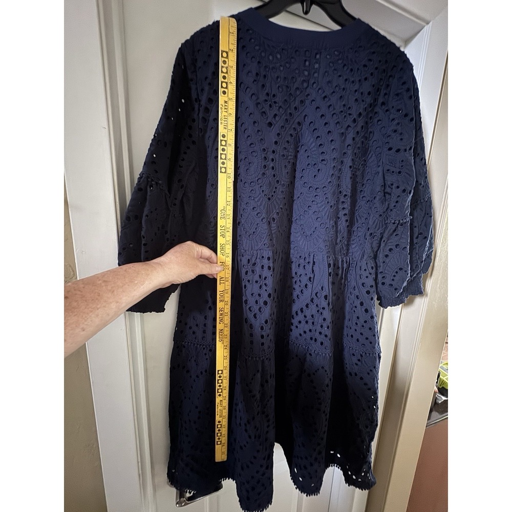 Chico's Navy Blue Eyelet Tiered Dress Size 14 100% Cotton, Lined, V-Neck - Picture 11 of 12